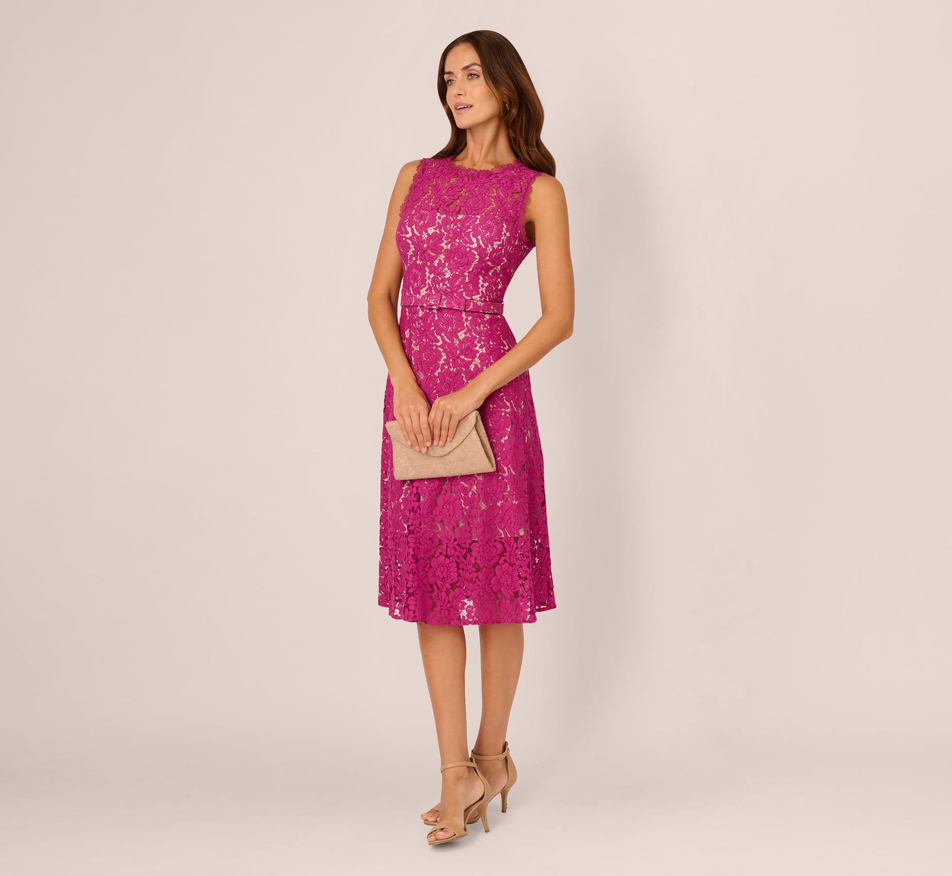 Sleeveless Lace Fit And Flare Dress With Sheer Details In Orchid、mySite、solidvoid