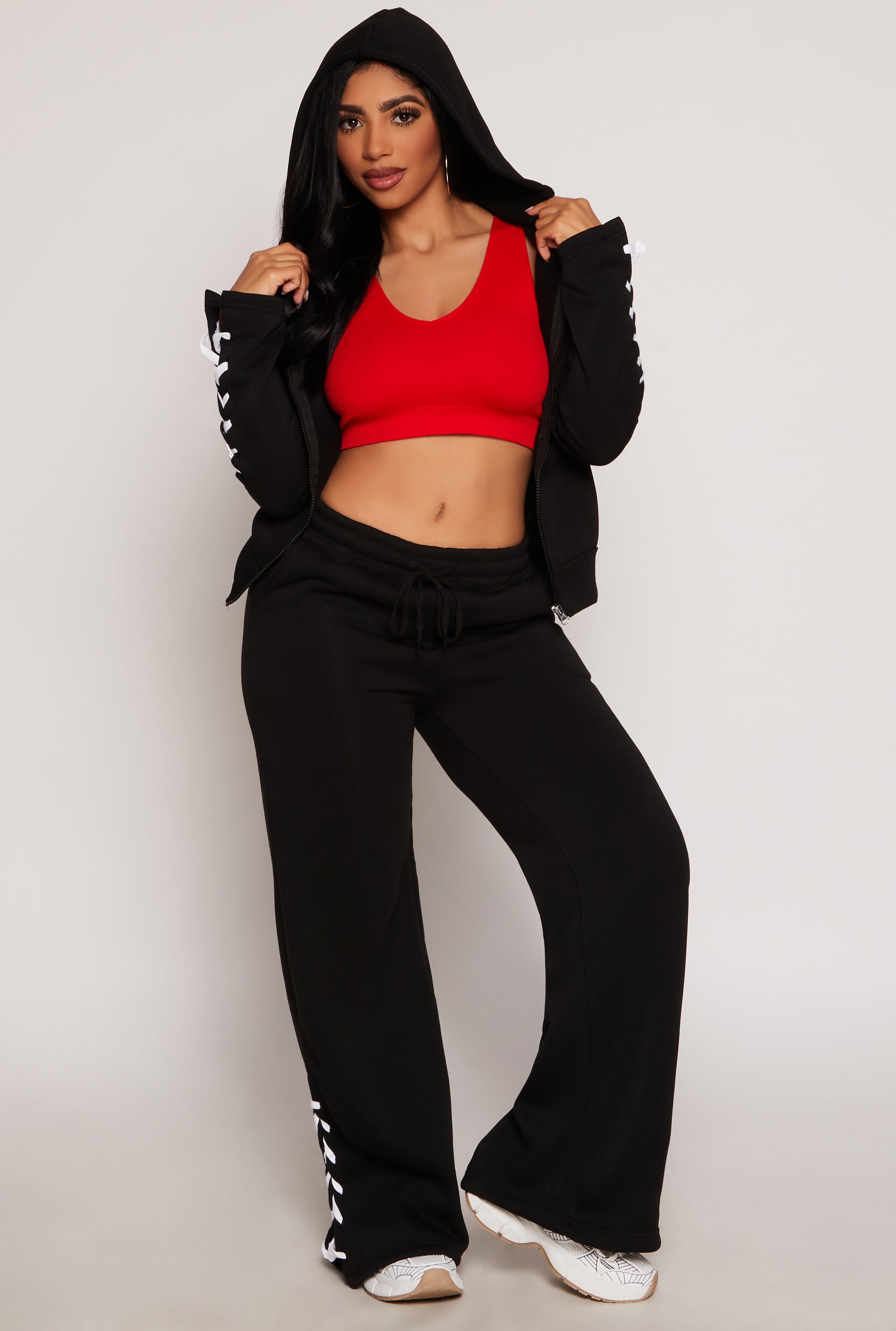 Lace Up Sleeve Zip Front Hoodie、mySite、camillekostekn