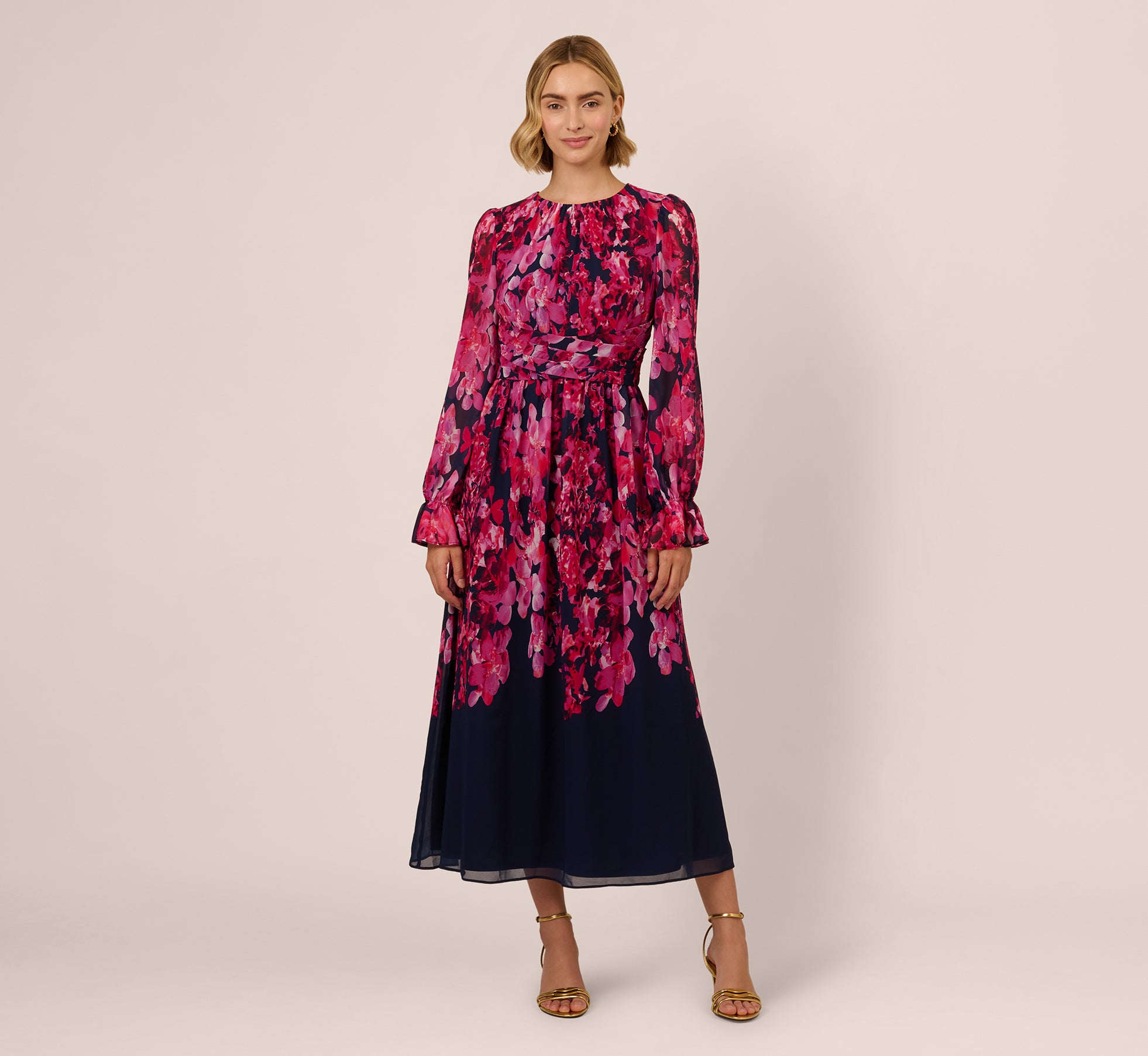 Floral Wrap Waist Ankle Dress In Navy Pink Multi、mySite、solidvoid