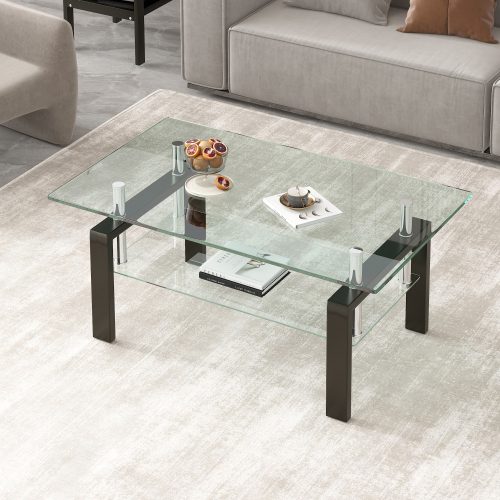 Tempered Black Glass Coffee Table, 2-Layers Tea Table、、casual