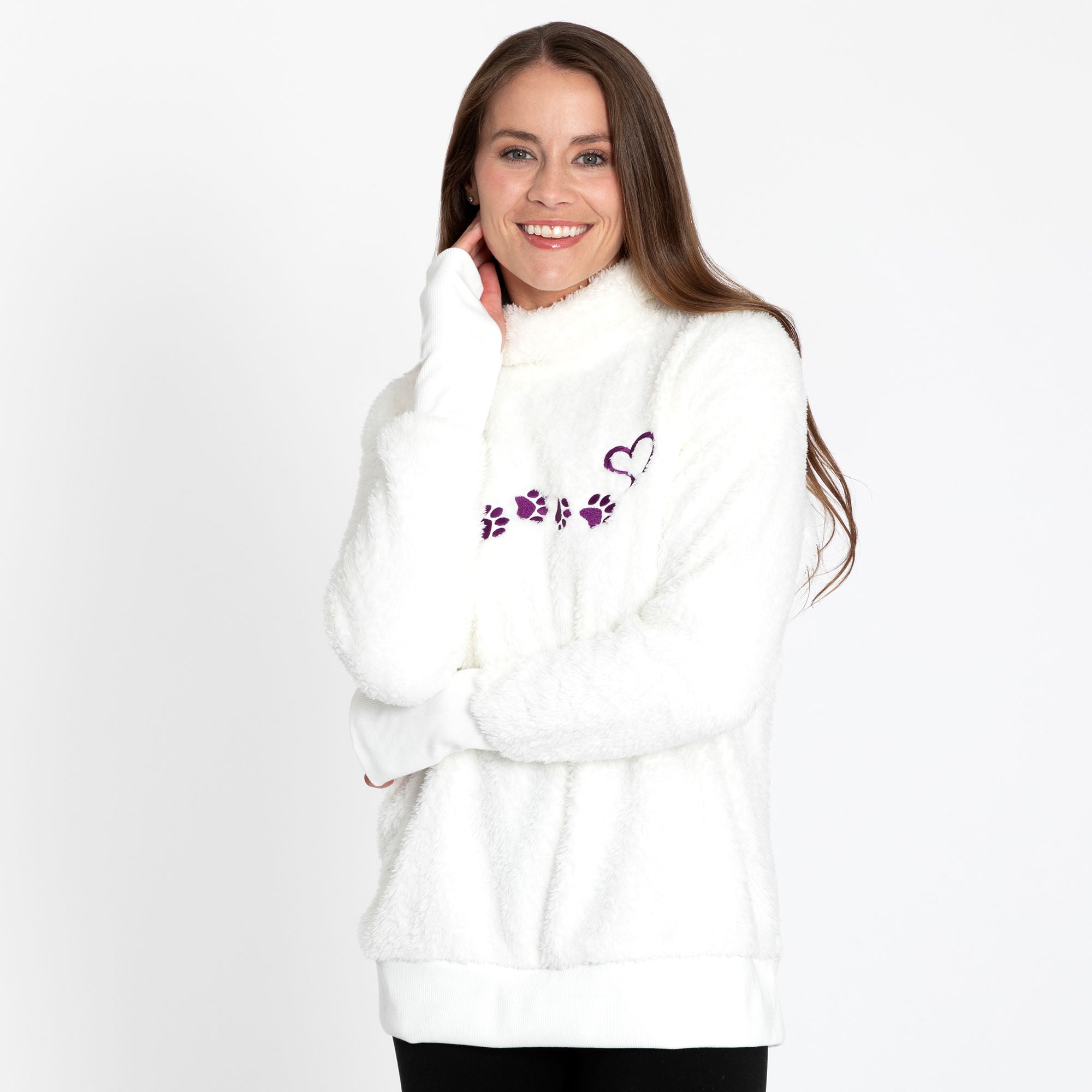 Paw Print Mock Neck Plush Sherpa Fleece Pullover with Thumb Holes、mySite、camillekostekn
