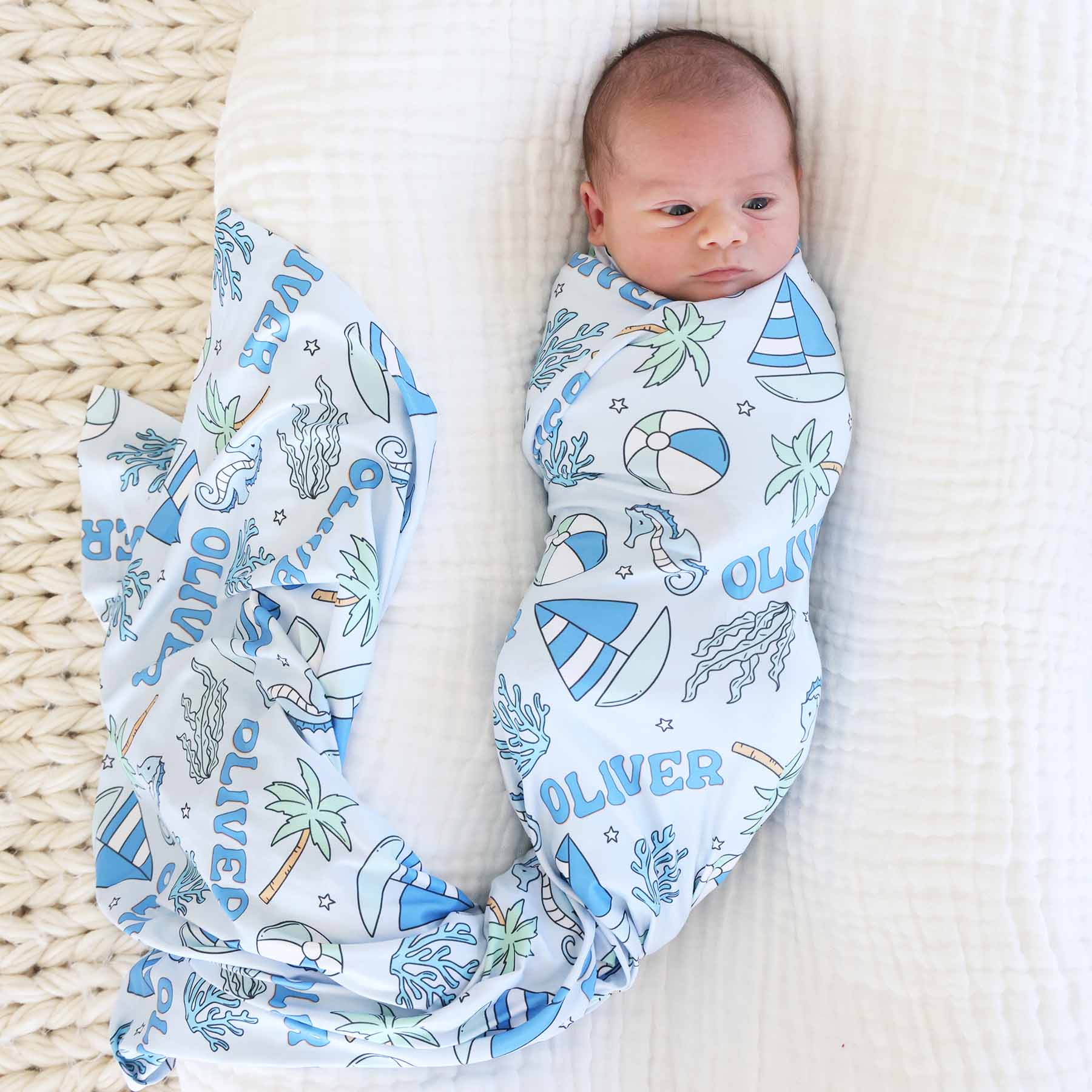  Tiny Tides Personalized Swaddle Blanket | Blue、mySite、layawaytickets