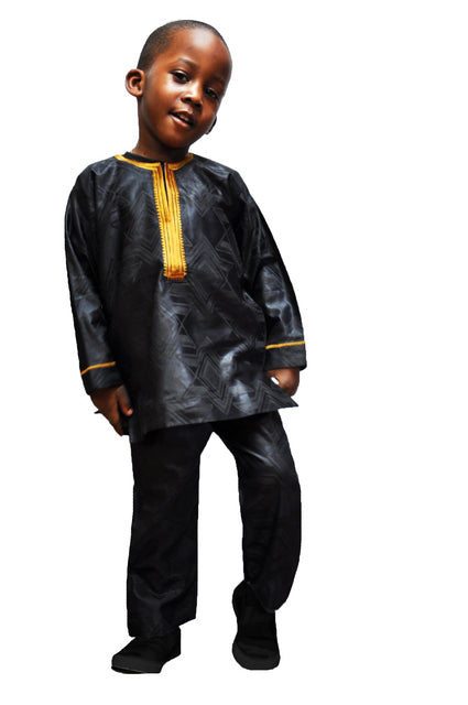 Black Brocade Cotton Dashiki with Gold Embroidery for Children、mySite、solidvoid
