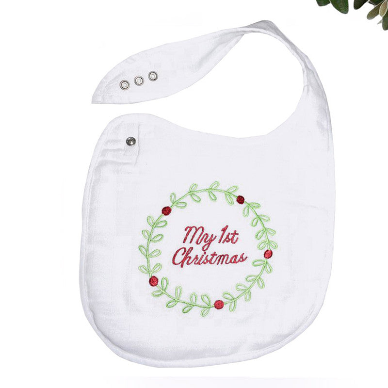 Organic Cotton Baby Festive Bib | My 1st Christmas Print |White、mySite、camillekostekn
