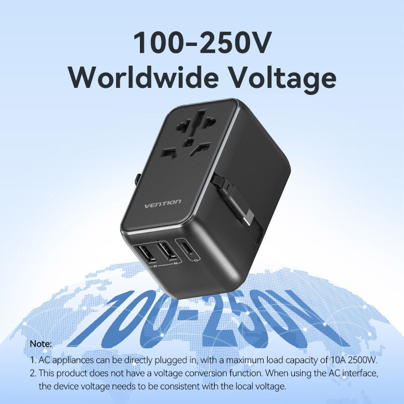 Vention 3-Port USB (C + A + A) GaN Universal Travel Adapter (65W/60W/5W) with Built-in USB-C Cable Black、mySite、fannypackpong