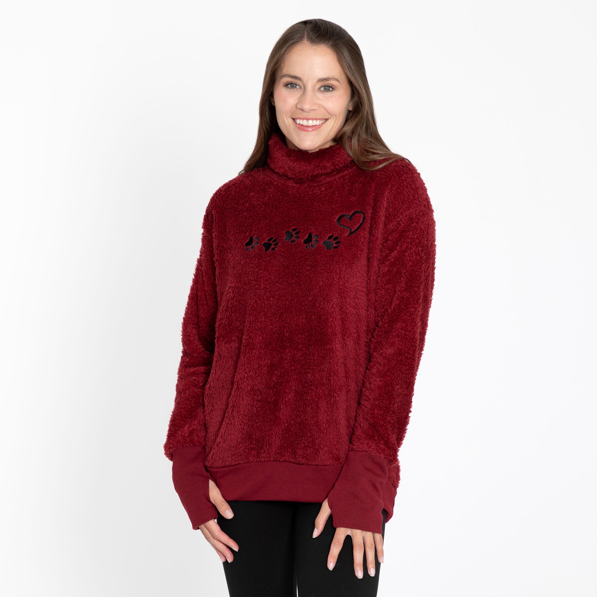 Paw Print Mock Neck Plush Sherpa Fleece Pullover with Thumb Holes、mySite、camillekostekn