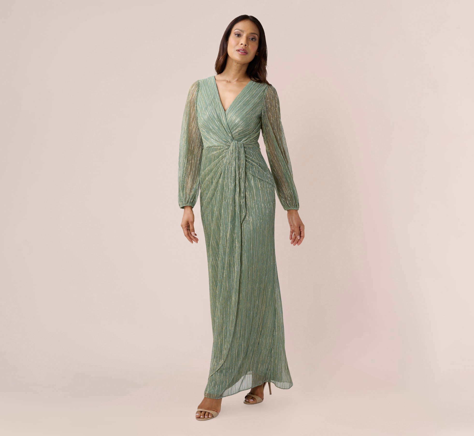Metallic Crinkled Mesh Draped Long Gown In Green Slate、mySite、solidvoid