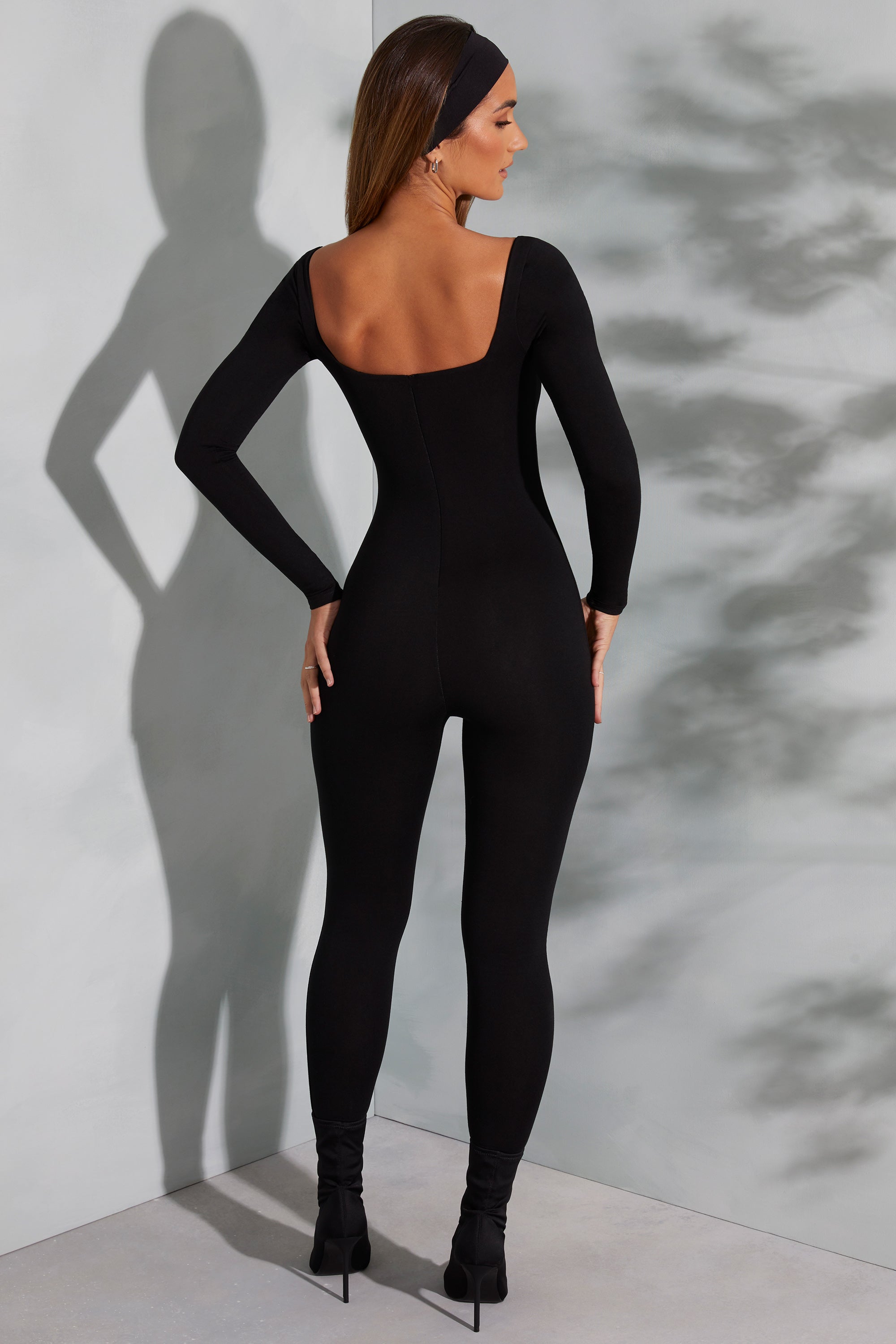 Square Neck Long Sleeve Jumpsuit in Black、mySite、solidvoid