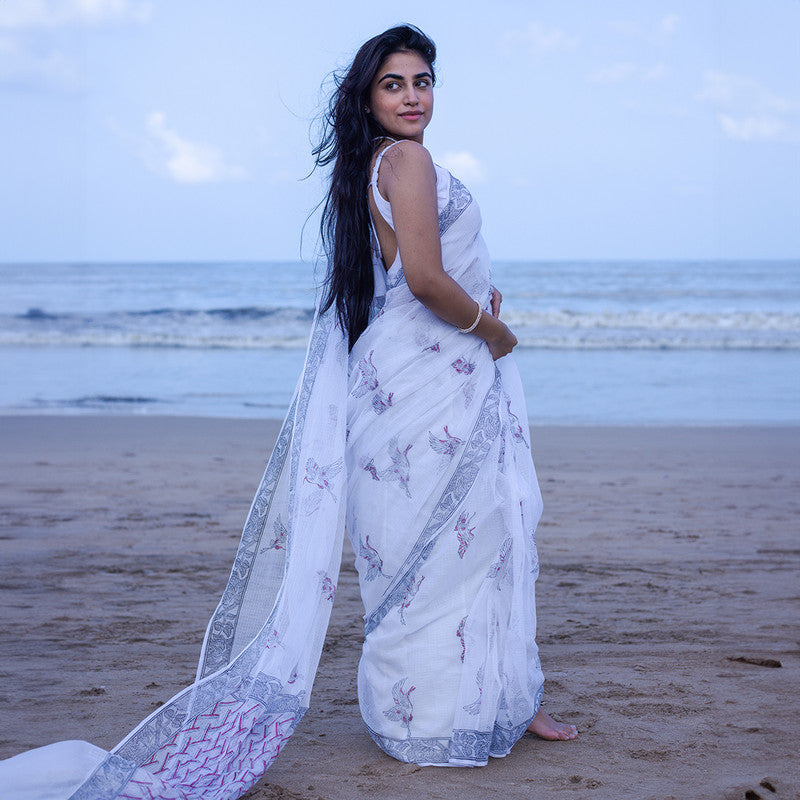 Kota Handblock Printed Saree | White & Blue、mySite、camillekostekn