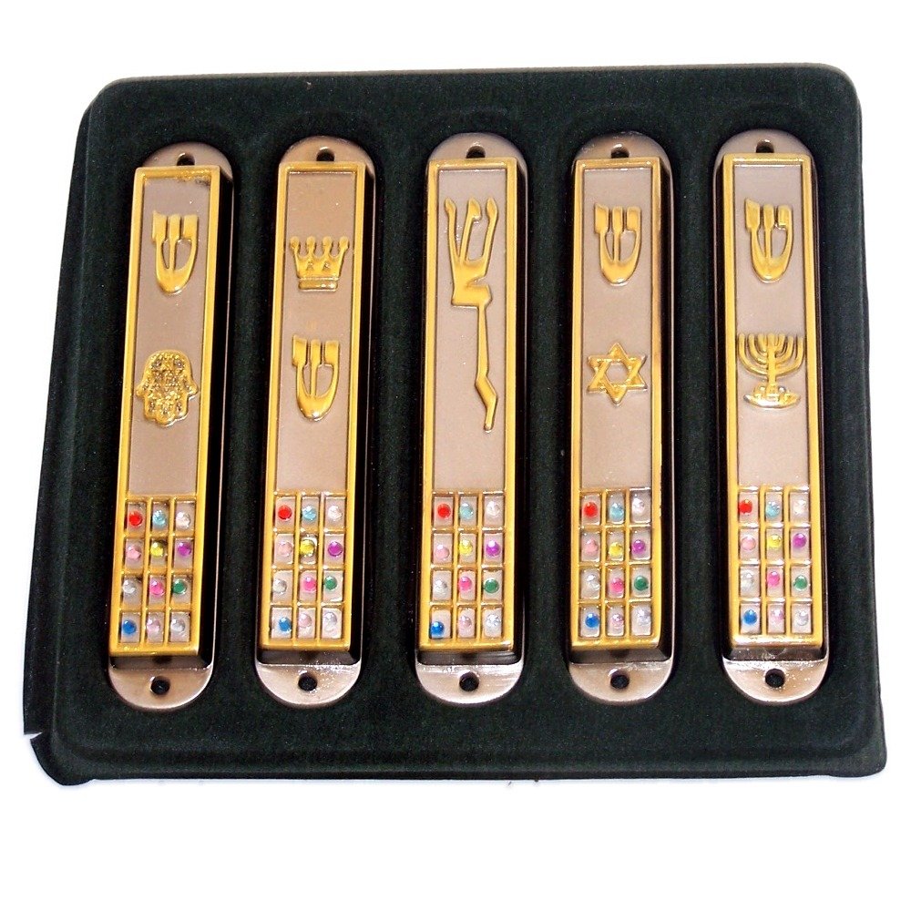  A Set of 5 Silver and Gold plated Mezuzahs with different enameled themes. Each is about 3.5 Inches and comes with The priestly breastplate、mySite、elrpsem3k