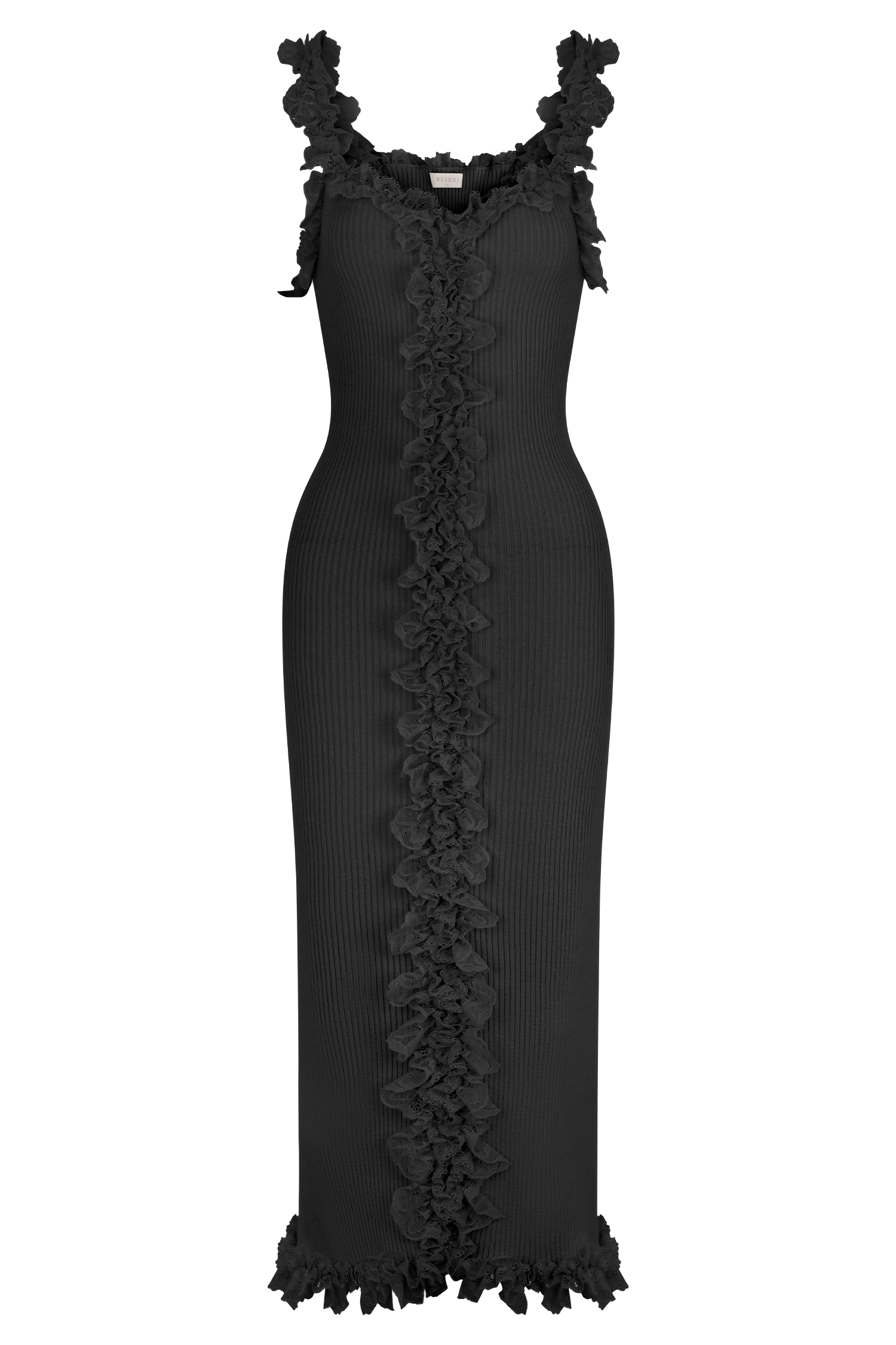 Shay Lace Ruffle Knit Midi Dress - Black、mySite、solidvoid