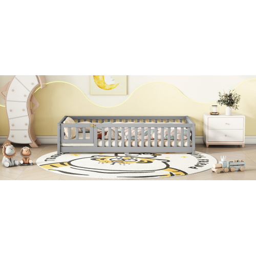 Twin Size Bed Floor Bed with Safety Guardrails and Door for Kids, Natural(Old SKU: W158090686)、、casual