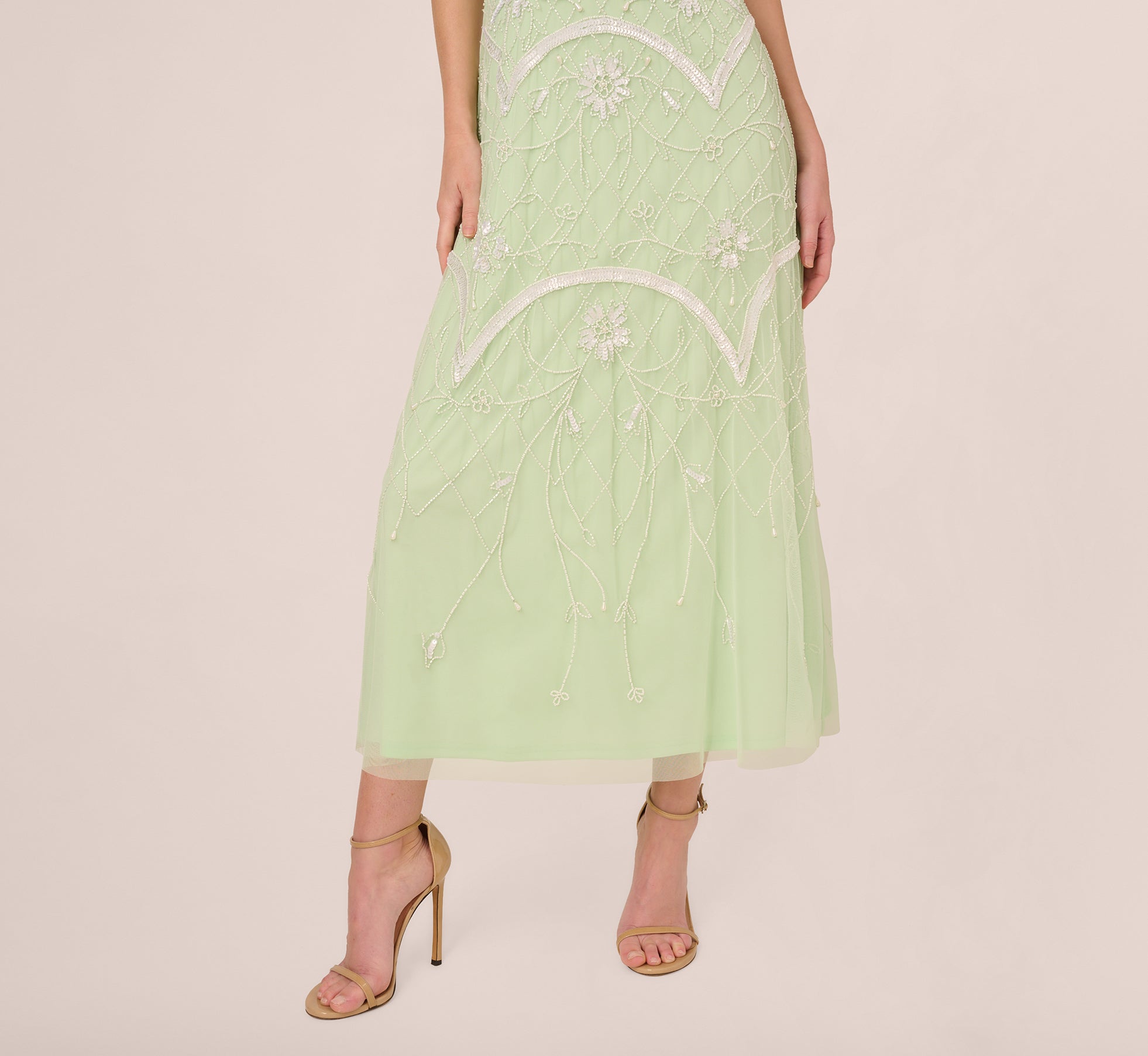 Beaded Ankle-Length Dress With Sheer Neckline In Aloe Mist Ivory、mySite、solidvoid