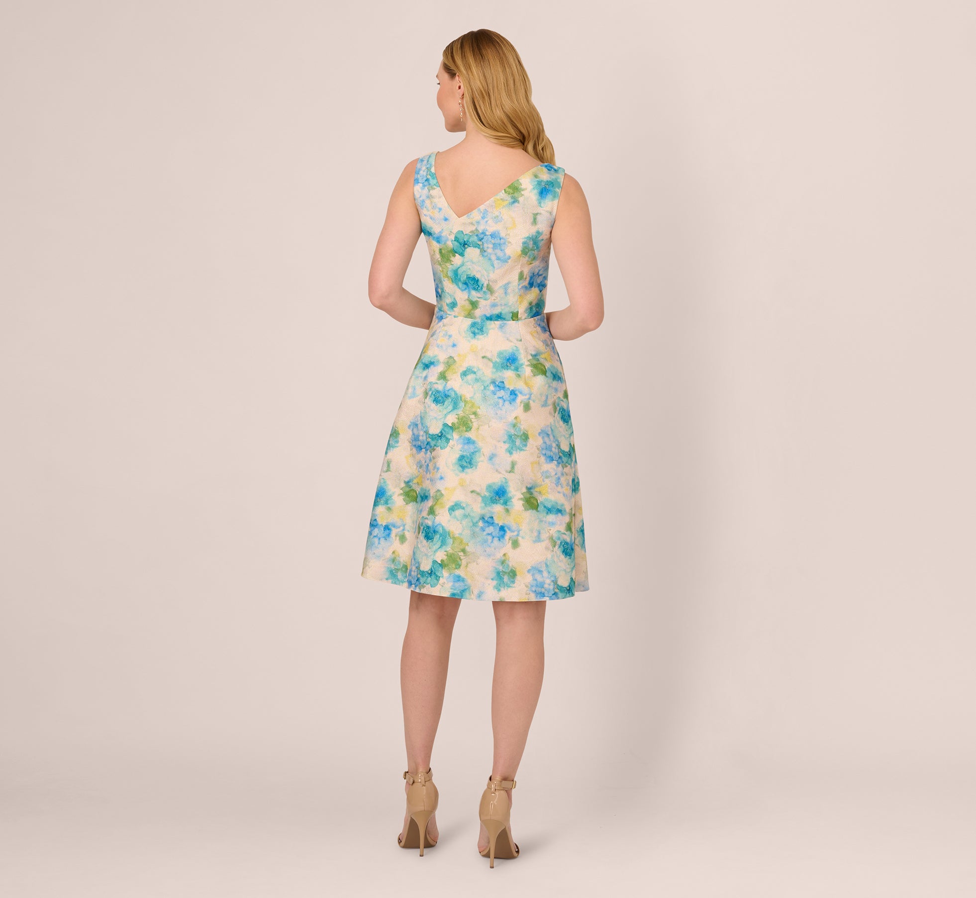 Sleeveless Asymmetrical Floral Jacquard Midi Dress In Ivory Blue Multi、mySite、solidvoid