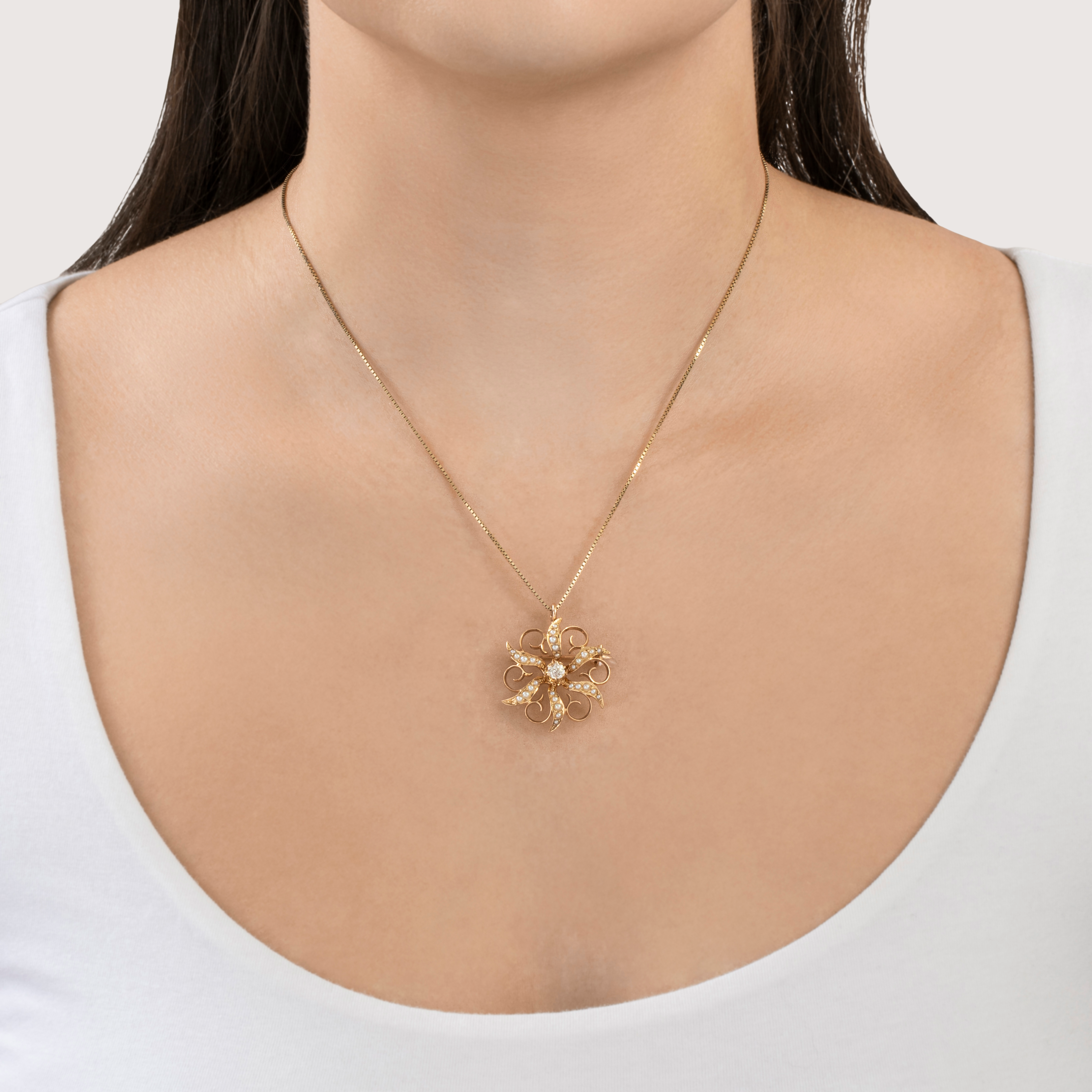 Antique Victorian 14k Gold .29ct Old Mine Diamond Pearl Starburst Pin / Pendant、mySite、hinf8tx79