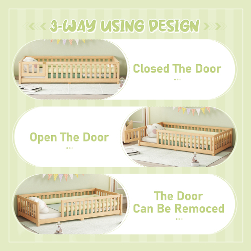 Twin Size Bed Floor Bed with Safety Guardrails and Door for Kids, Natural(Old SKU: W158090686)、、casual