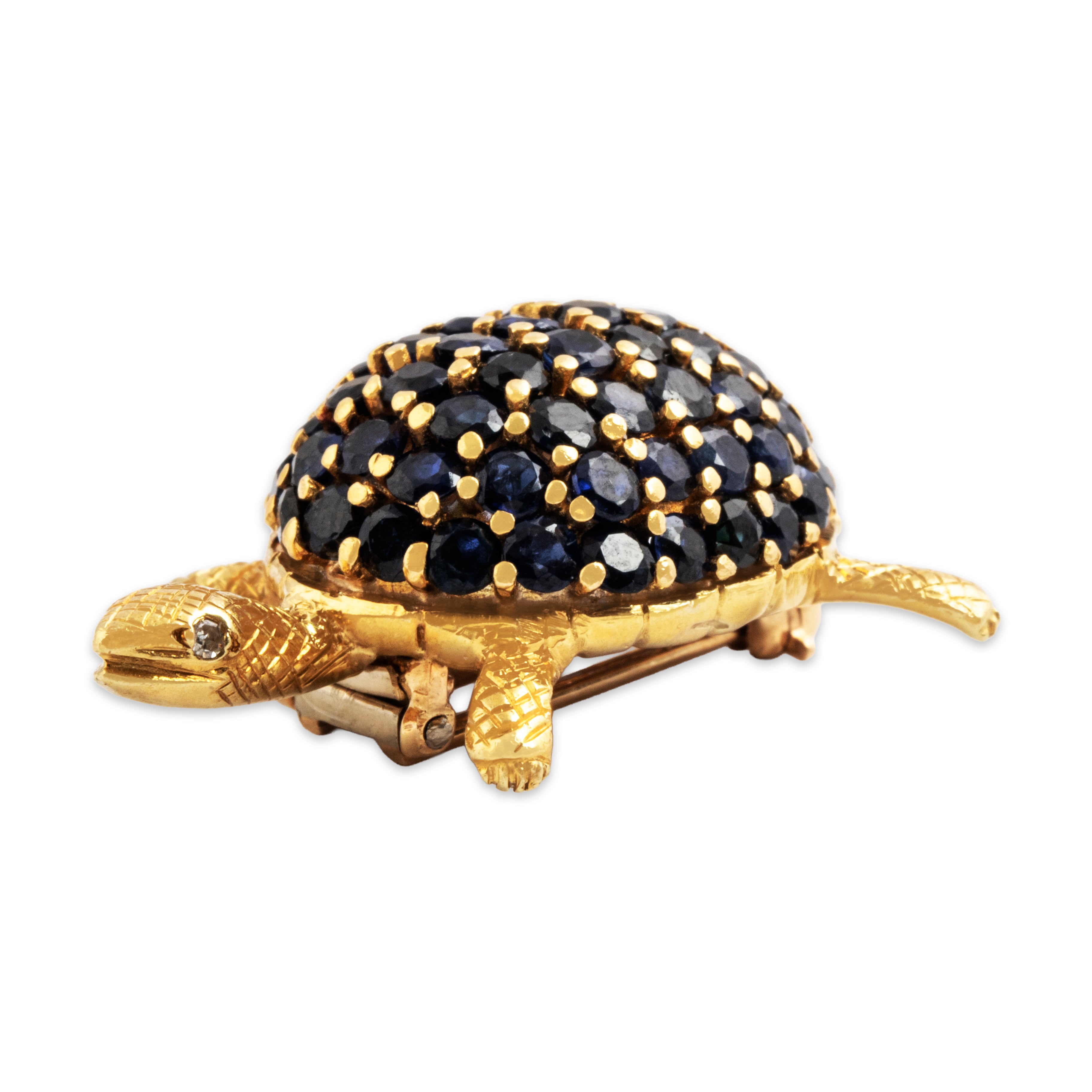 Vintage Heavy 18k Yellow Gold 3.3cttw Sapphire Diamond Delightful Turtle Brooch、mySite、hinf8tx79