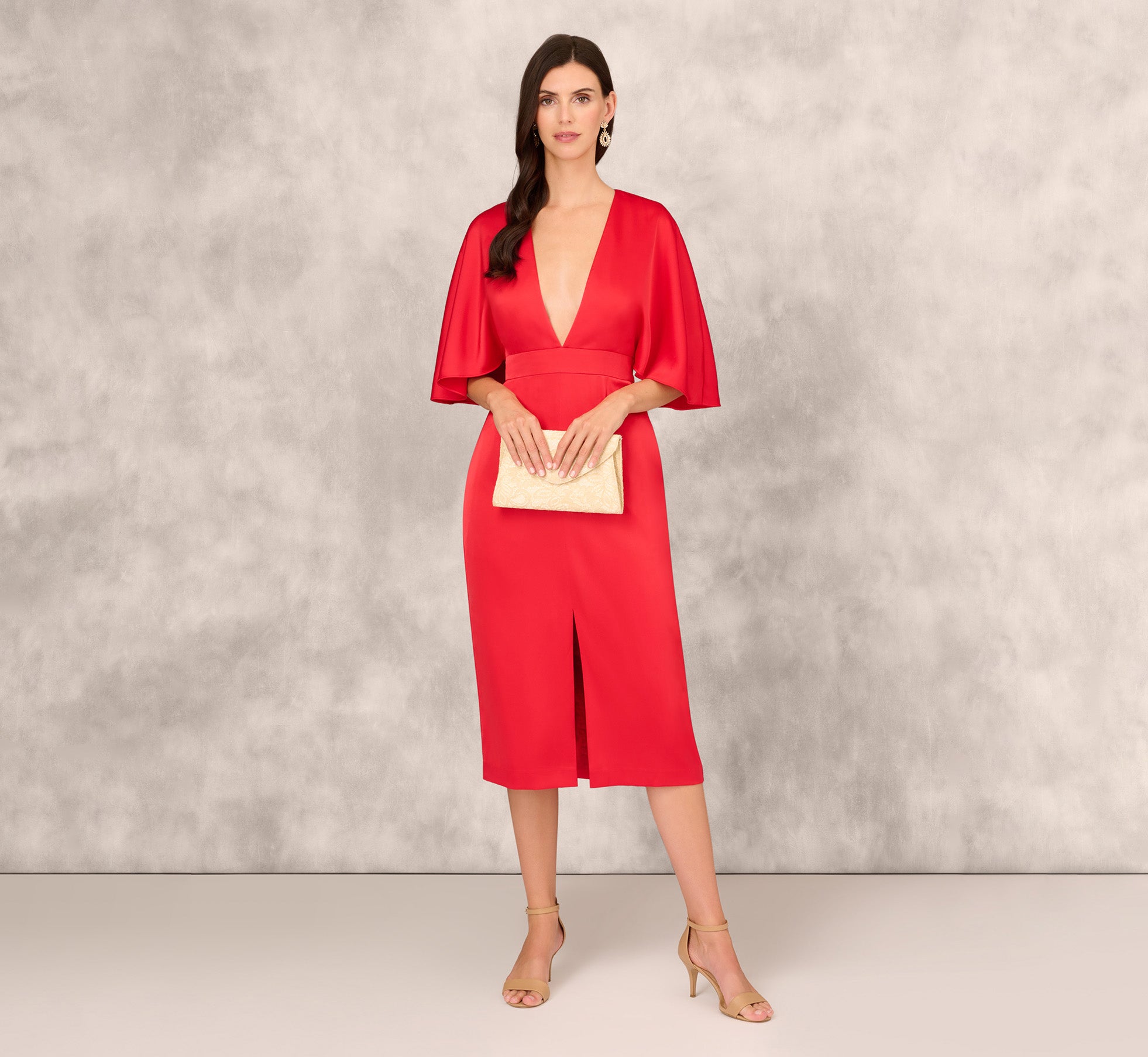 Crepe Back Satin Midi Dress With Flutter Sleeves In Chateau Red、mySite、solidvoid