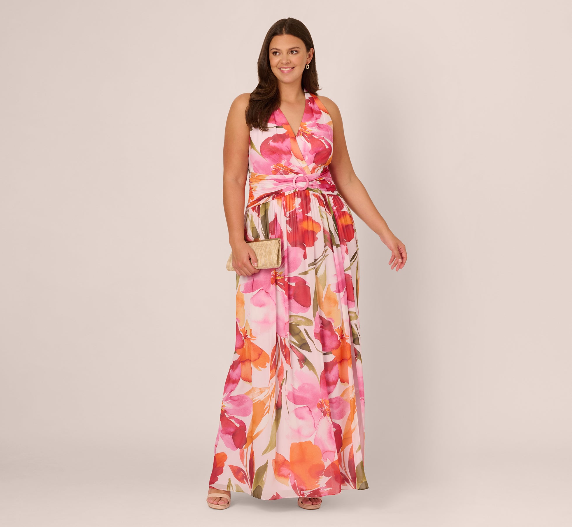 Plus Size Sleeveless Surplice Floral Chiffon Gown In Pink Orange Multi、mySite、solidvoid