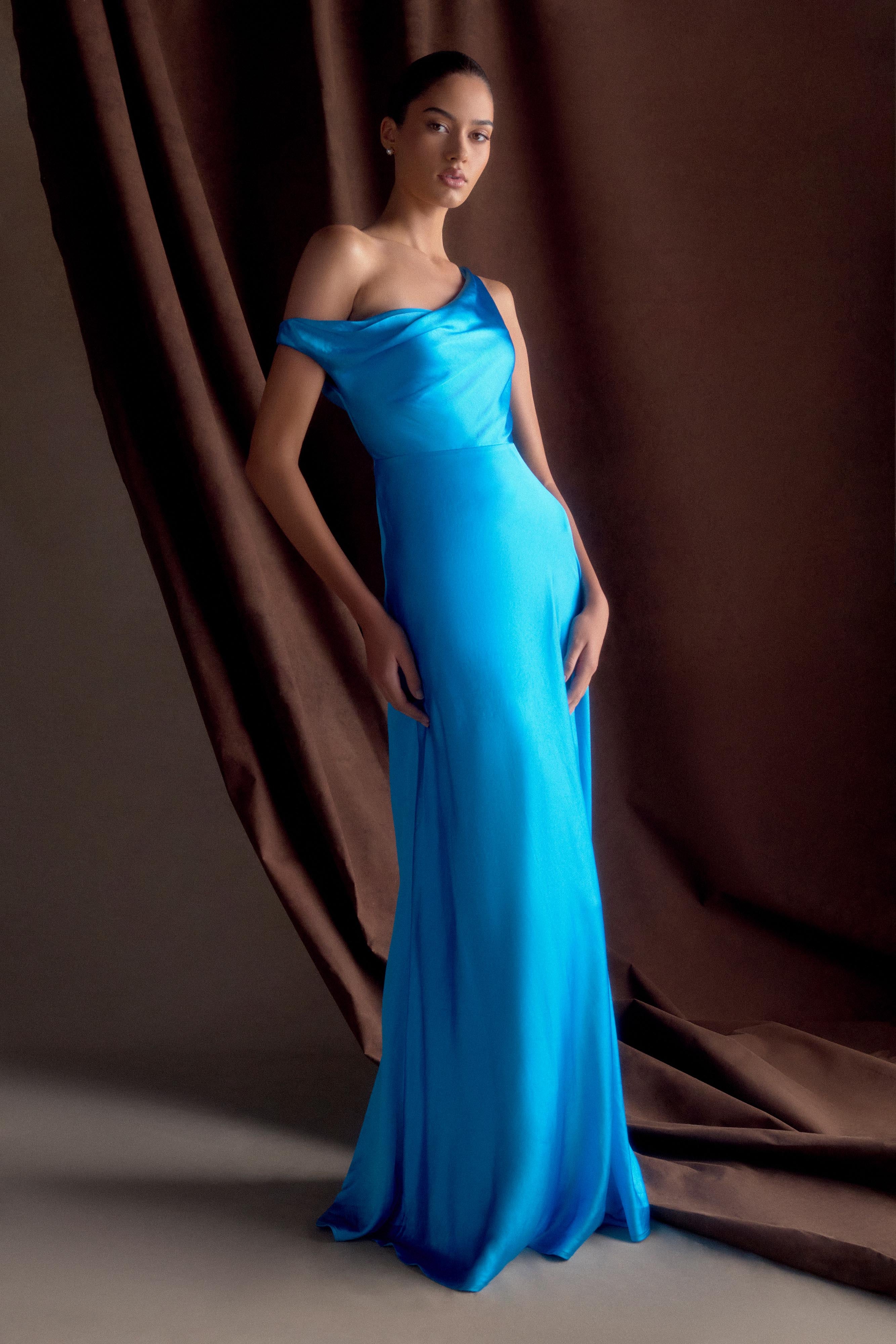 Jacinta One Shoulder Maxi Dress - Cyan Blue、mySite、solidvoid
