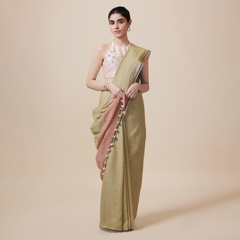 Cotton Printed Saree with Blouse | Sage Green、mySite、camillekostekn