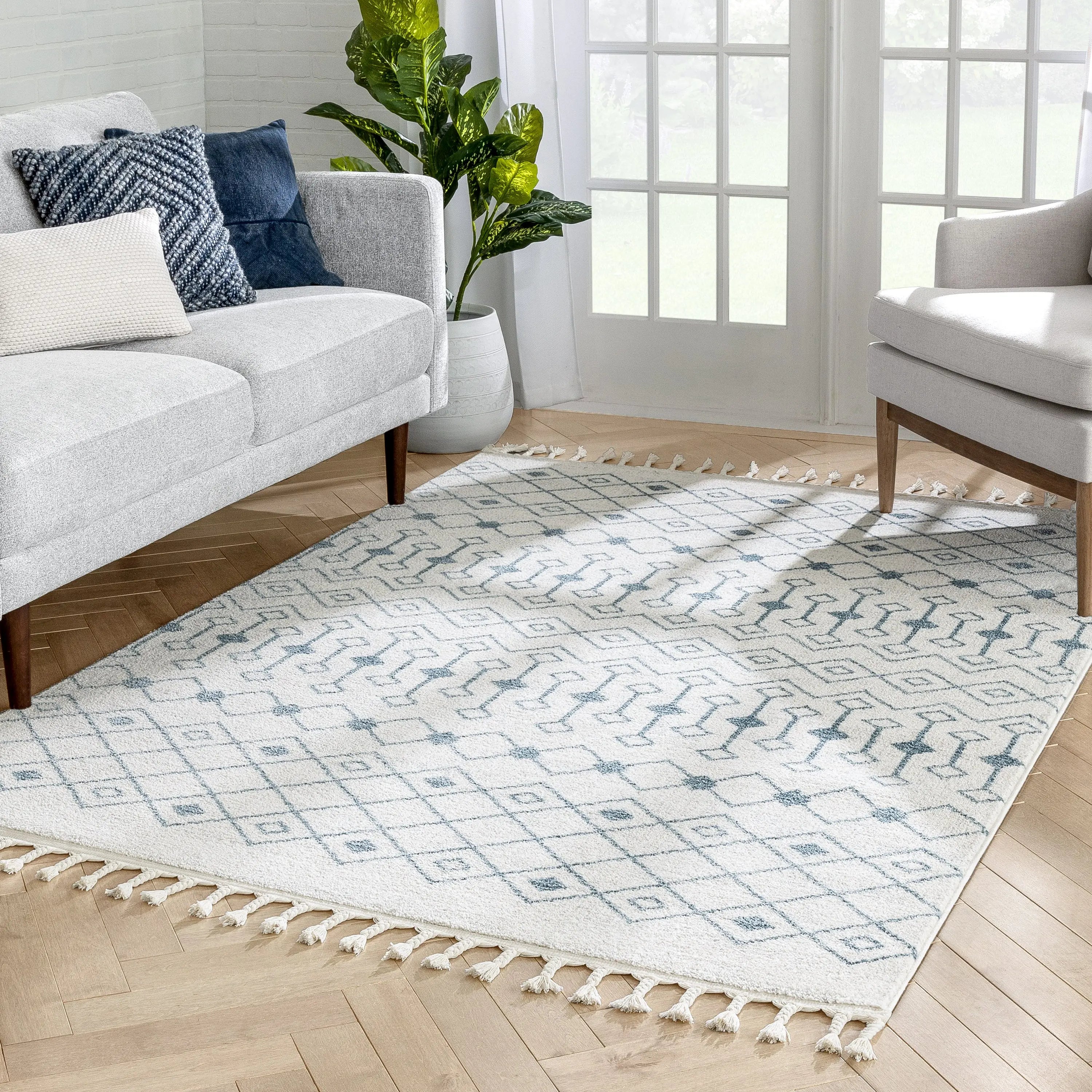 Transistora Nordic Tribal Trellis Pattern Light Blue Ivory Rug、mySite、gigharbornorthrealestate