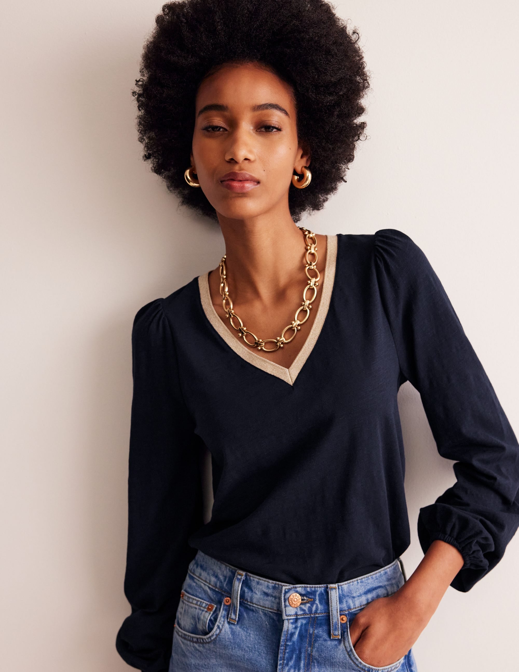  Metallic Trim Long Sleeve Top-Navy、mySite、ashleygrahame