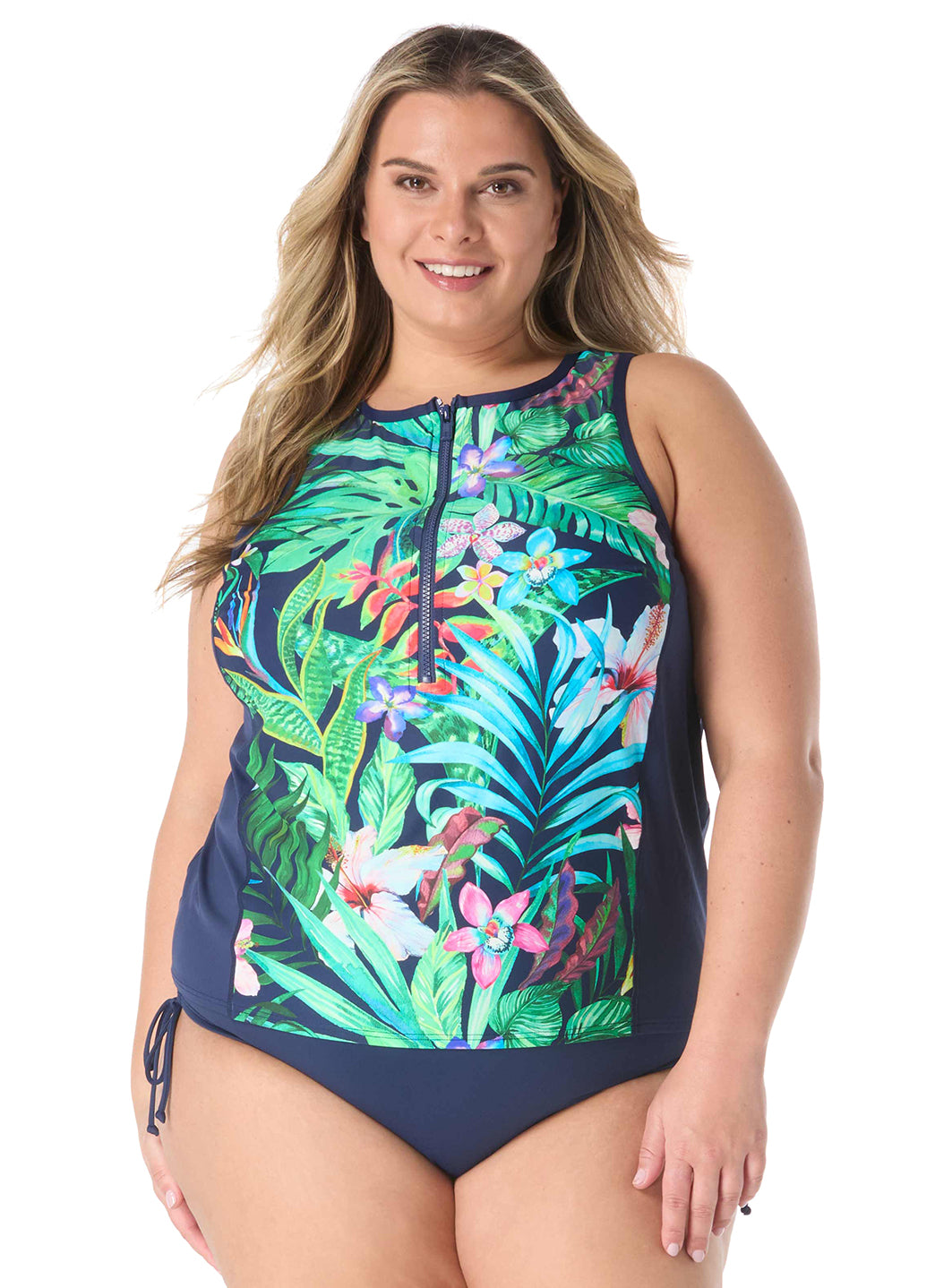 Beach House Women's Plus Size Tropic Paradise Racer Zip Front Tankini Top、mySite、noshort