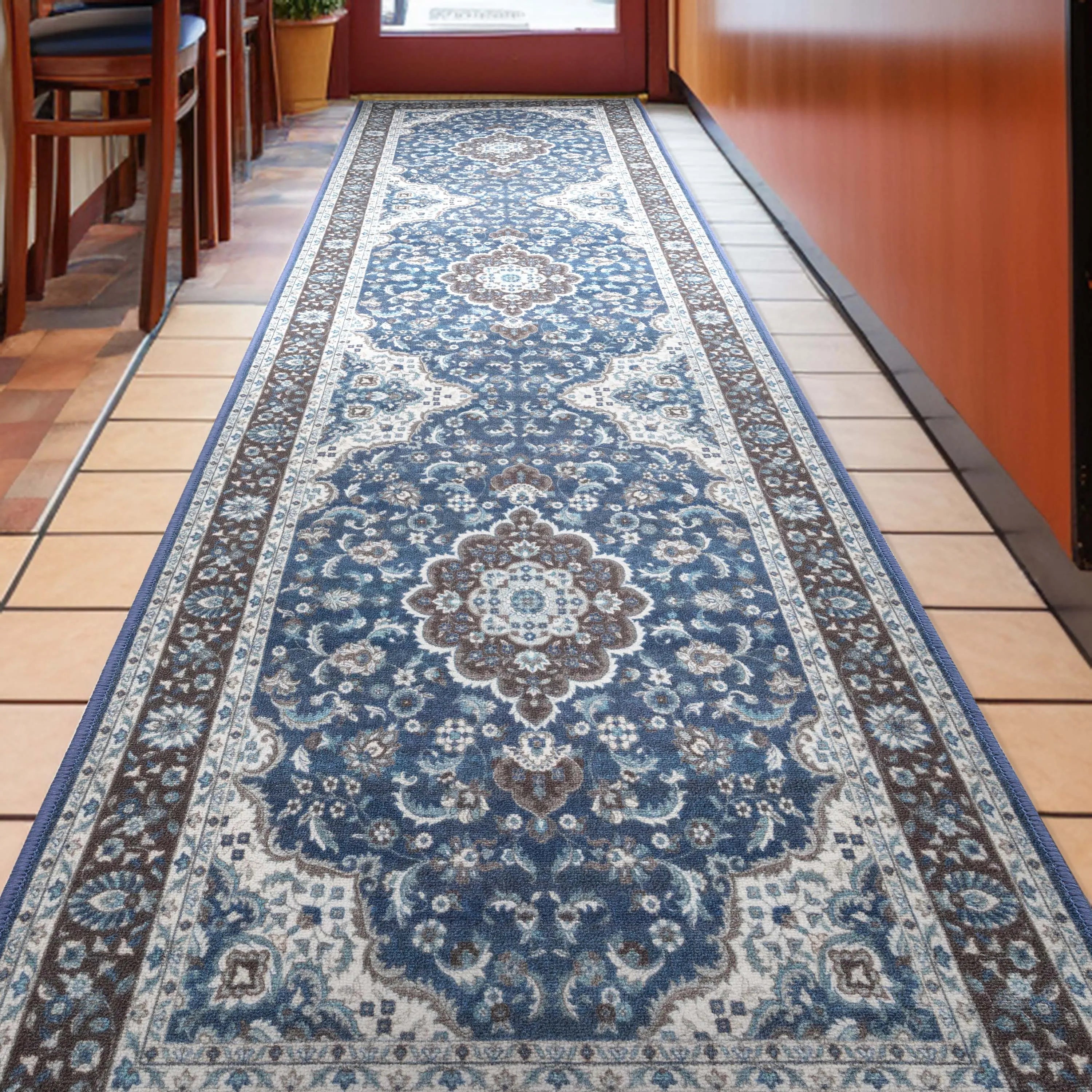 Custom Size Runner Gene Medallion Persian Blue Select Your Width x Choose Your Length Machine Washable Hallway Runner Rug、mySite、gigharbornorthrealestate