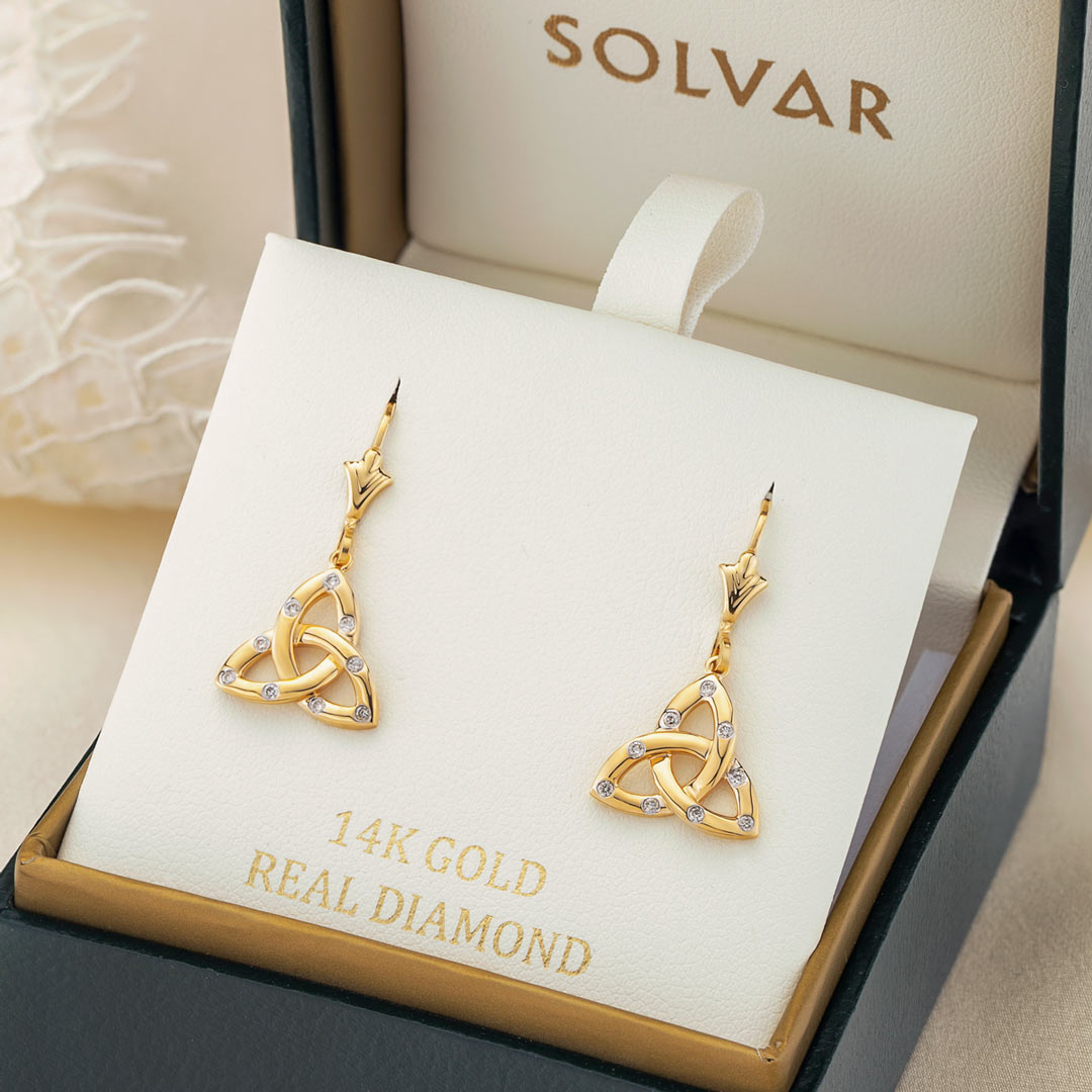  14K Gold Flush Set Diamond Trinity Knot Drop Earrings