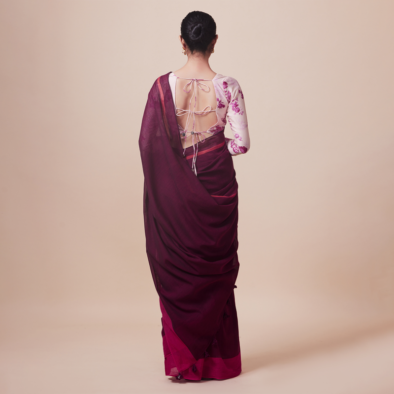 Cotton Solid Saree with Blouse | Burgundy & Pink、mySite、camillekostekn