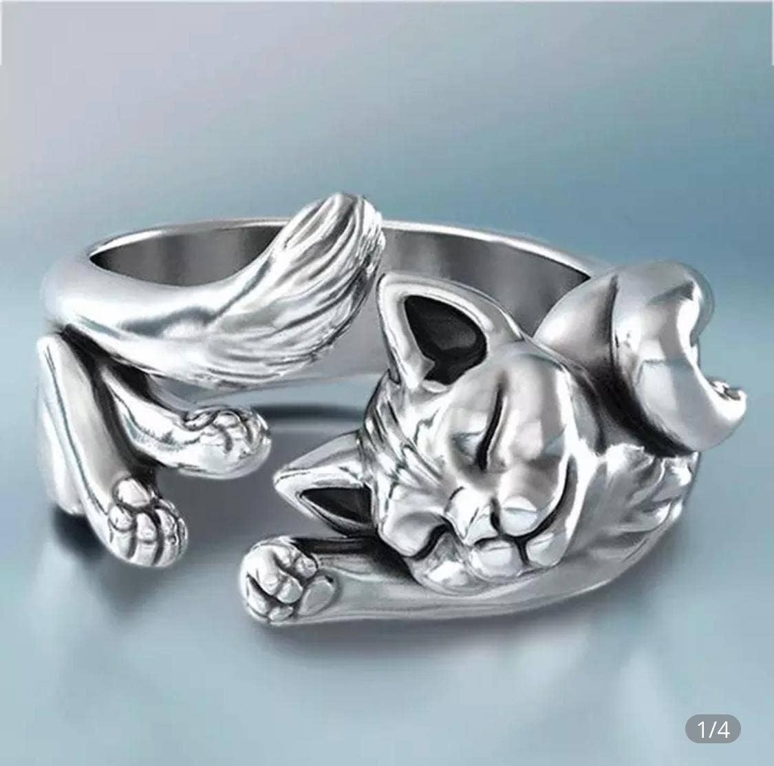 Sleeping Cat Sterling Silver Ring-Adorable for Cat Lovers!、mySite、g9winljtr