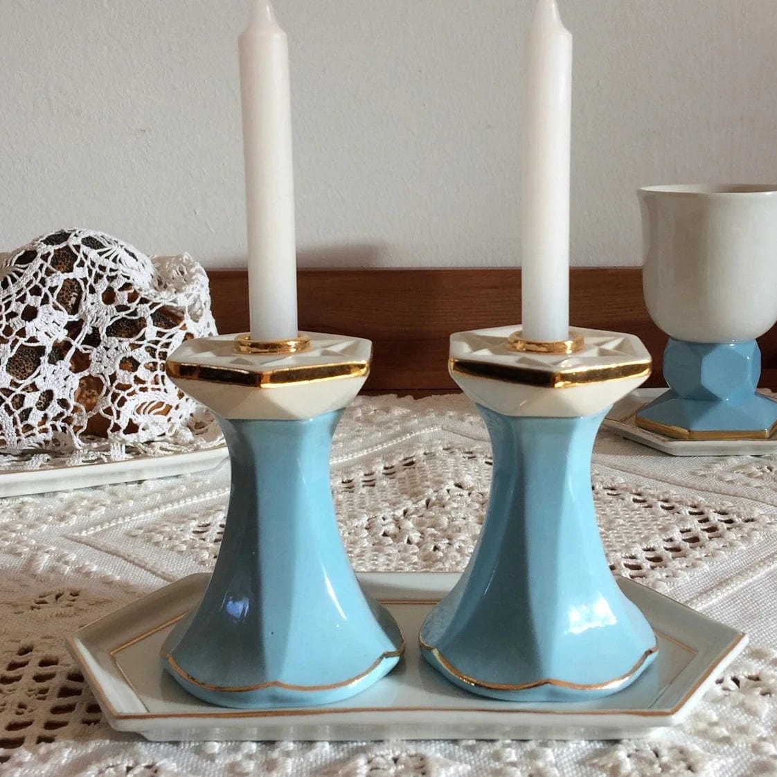 Blue, White and Gold Porcelain Star of David Candlesticks and Tray、mySite、topwebapps