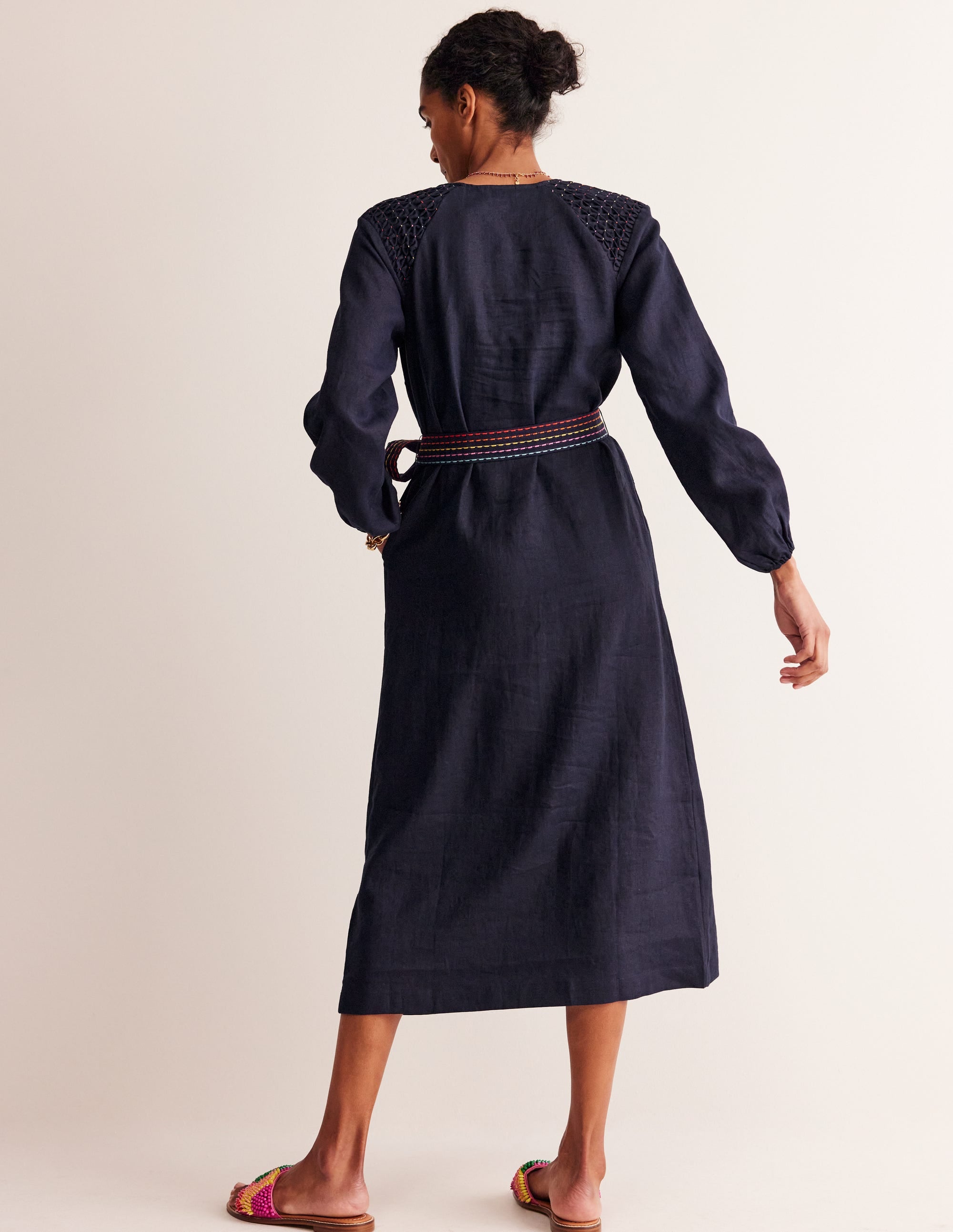  Linen Midi Smocked Dress-Navy、mySite、ashleygrahame