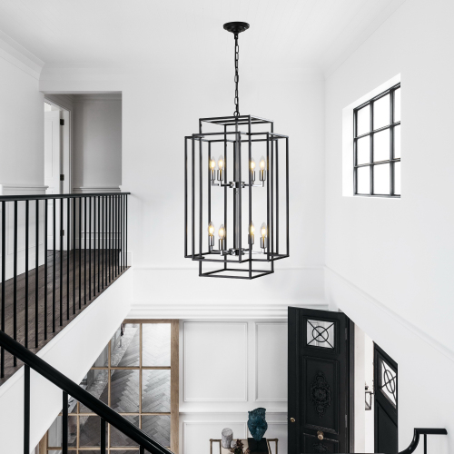 (Same as W1340142524/L1018-G) 18" Modern 8-Light Black Gold Geometric Pendant Chandelier, Industrial Metal Frame, Adjustable Hanging Light for Living Room, Dining Room, Kitchen (No Bulbs)、、eastwooduniform