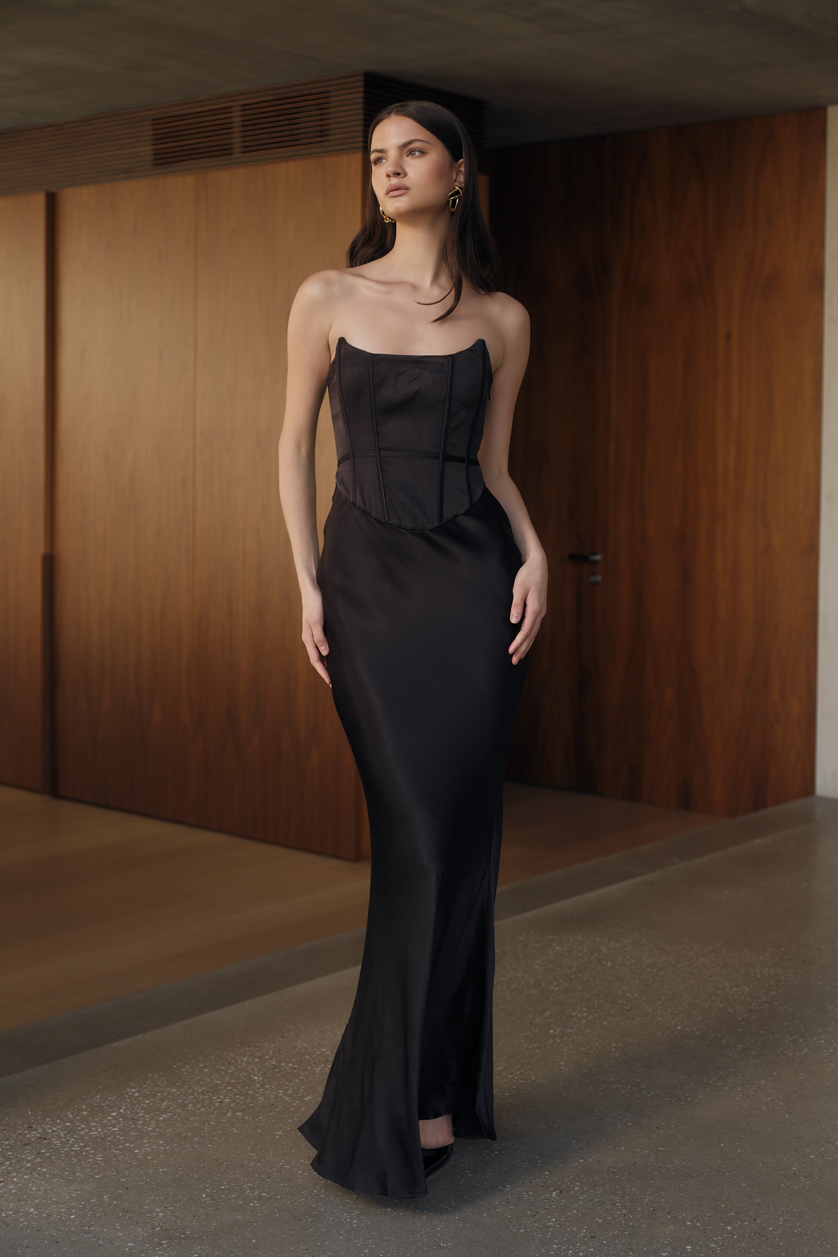 Harlow Satin Strapless Maxi Dress - Black、mySite、solidvoid