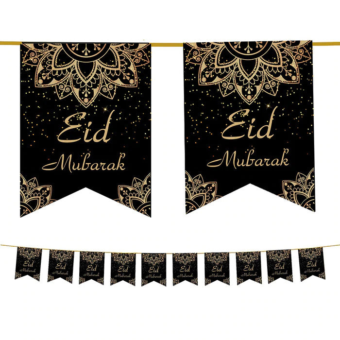 Eid Mubarak Bunting - Black & Gold Geometric Flags Decoration、mySite、topwebapps