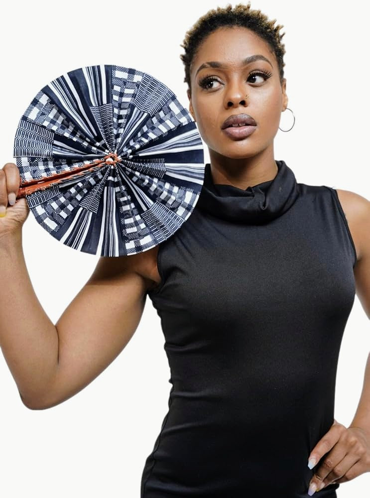 Dupsie's Koumadi Foldable Black and White African Print Ankara Kente Fan DPPFB0795、mySite、solidvoid