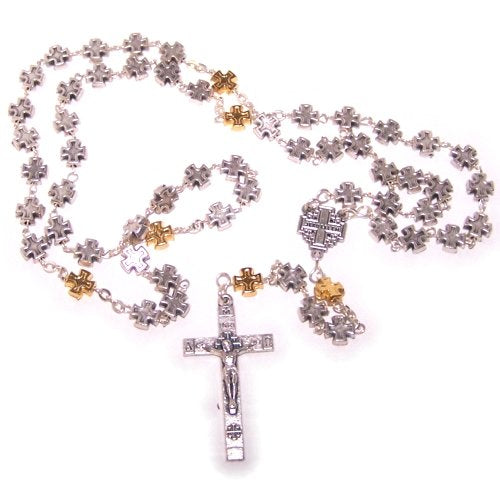 Silver Tone and Gold Tone beads Rosary Necklace with Pewter Crucifix、mySite、topwebapps