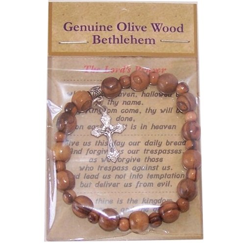  Elastic Olive wood religious bracelet with Silver tone Crucifix packed as a gift with special Certificate of Authenticity and origin and a FREE Lord's Prayer gift card、mySite、elrpsem3k