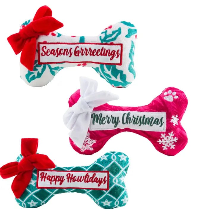 Happy Pawlidays! Med Christmas Plush Dog Bone Toys with Squeakers、mySite、g9winljtr