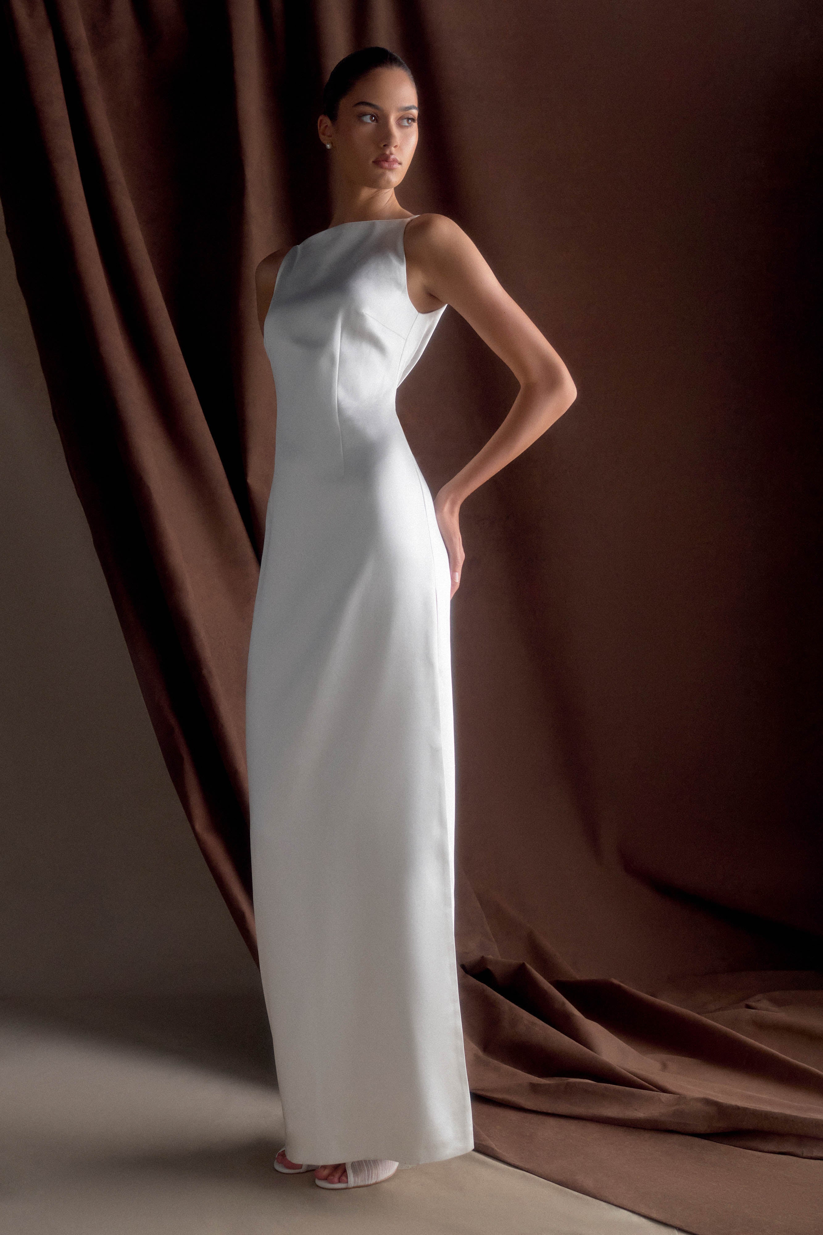 Violet Sleeveless Satin Maxi Dress - White、mySite、solidvoid
