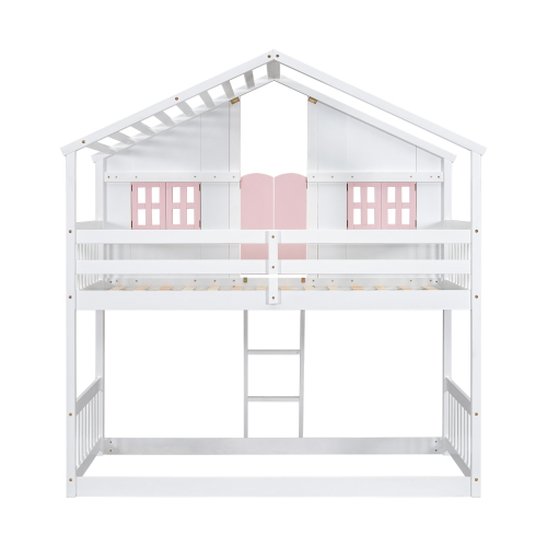 Twin over Twin House Bunk Bed with Roof , Window, Window Box, Door , with Safety Guardrails and Ladder,White、、casual