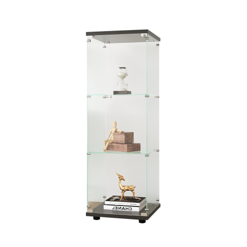 Glass Display Cabinet with 3 Shelves, One-Door Curio Cabinets for Living Room, Bedroom, Office, Black Floor Standing Glass Bookshelf, Quick Installation、、casual