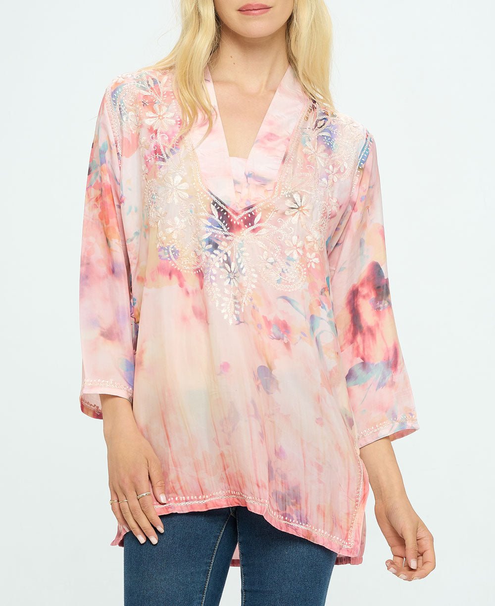 Embroidered Peach Tones V Neck Tunic Top、mySite、topwebapps
