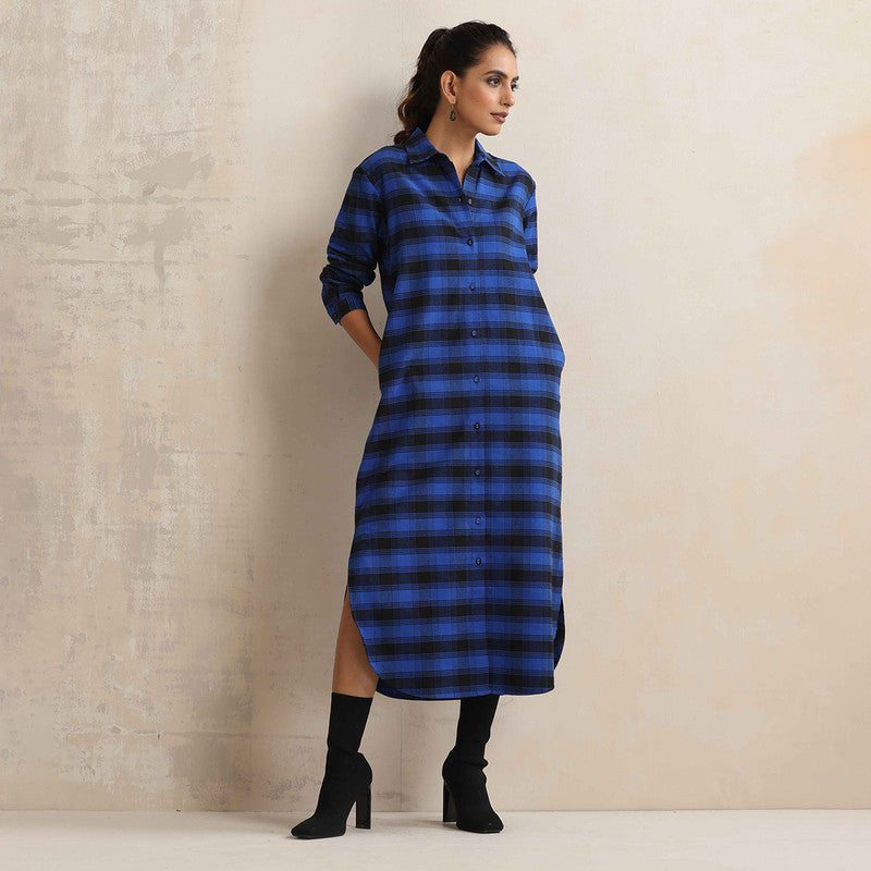 Cotton Long Shirt Dress For Women | Checkered Print | Blue、mySite、camillekostekn