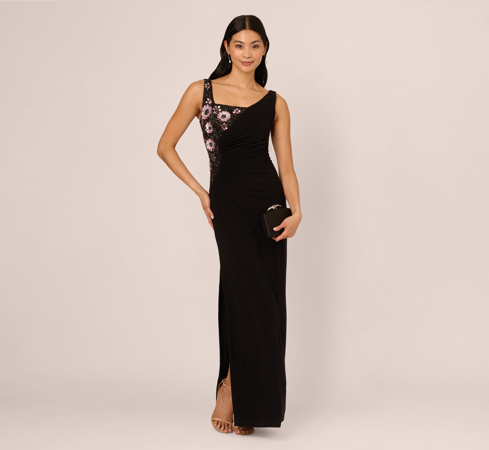 Sleeveless Asymmetrical Floral Beaded Jersey Gown In Black Multi、mySite、solidvoid