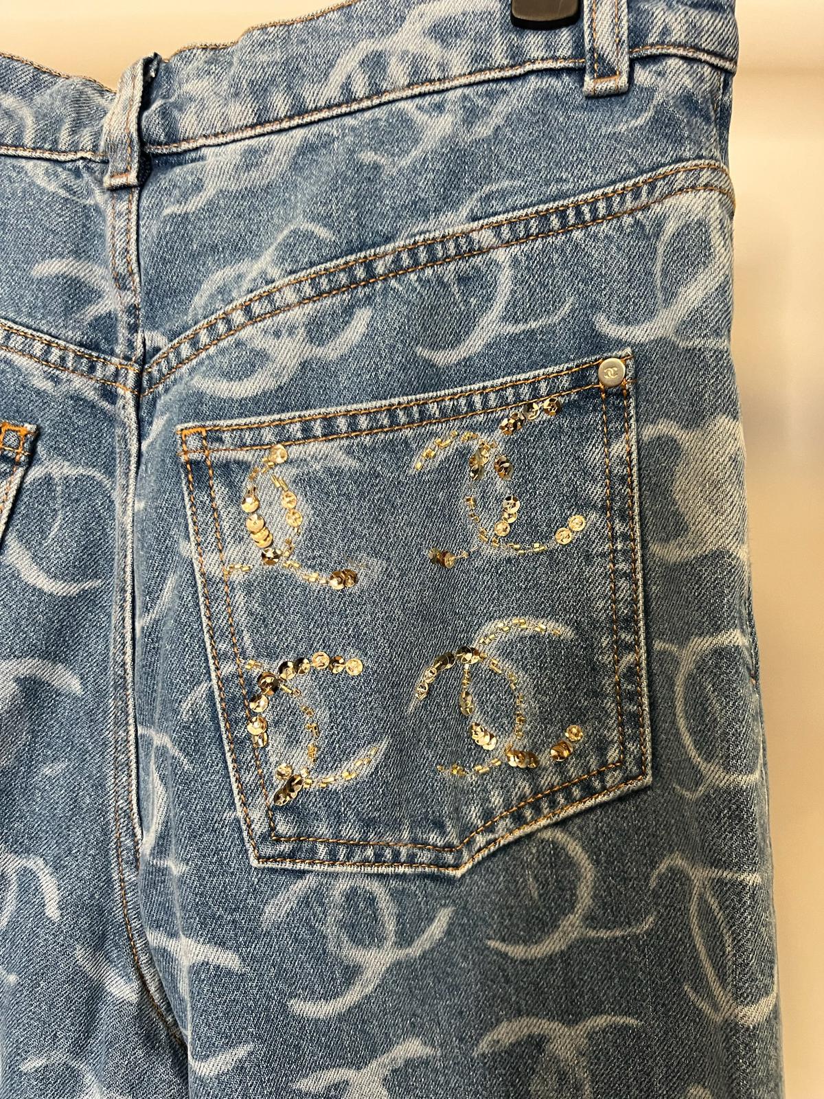 Chanel CC Printed Logo Embroidered Denim Wide Leg Jeans、mySite、garminoutage.com