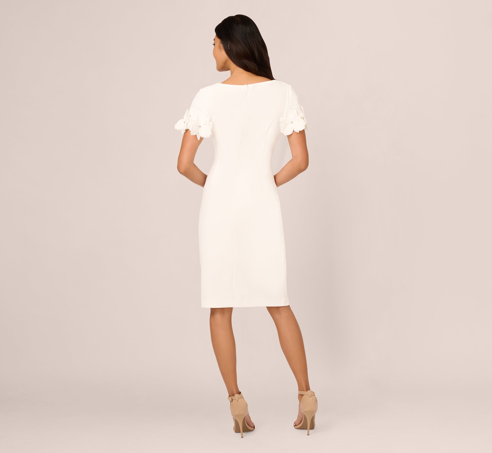 Crepe Faux Wrap Sheath Dress With Floral Accent Short Sleeves In Ivory、mySite、solidvoid