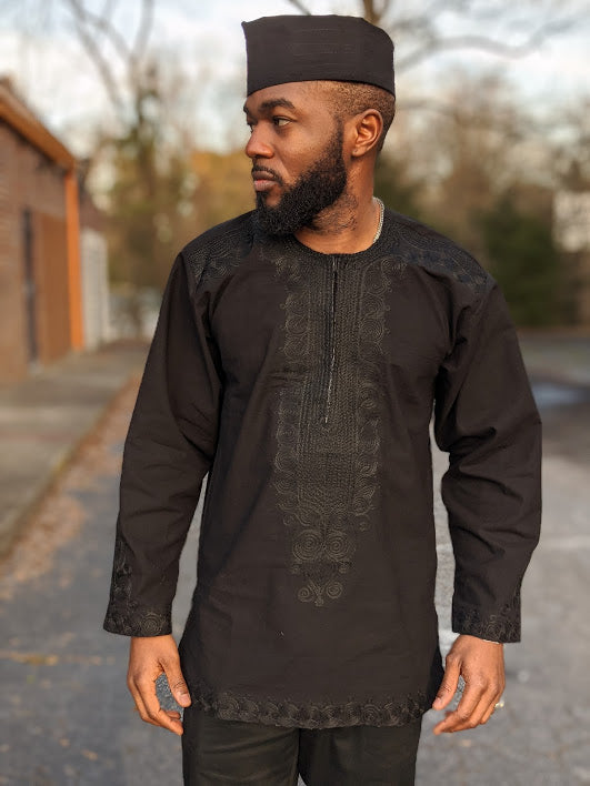 Nyeusi Black Embroidered African Dashiki Shirt-DP564MLS、mySite、solidvoid